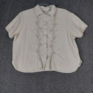 FASHION BUG TAN Y2K VTG FLORAL EMBROIDERED LINEN BLEND BUTTON DOWN SHIRT XL